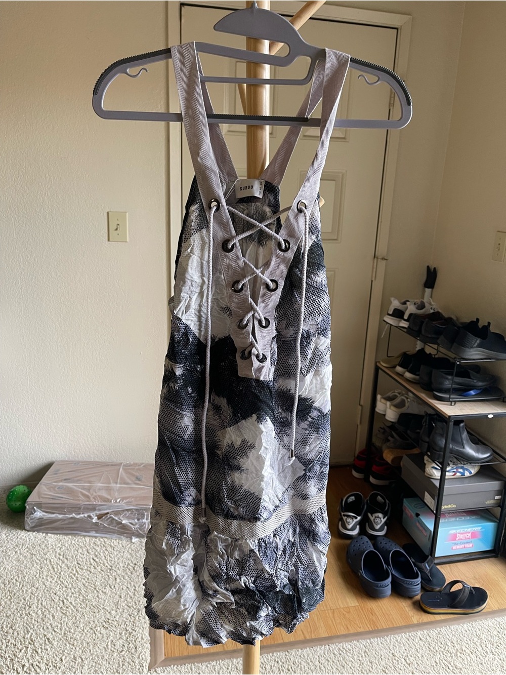 Lace-Up Abstract Print Mini Dress in Black and White